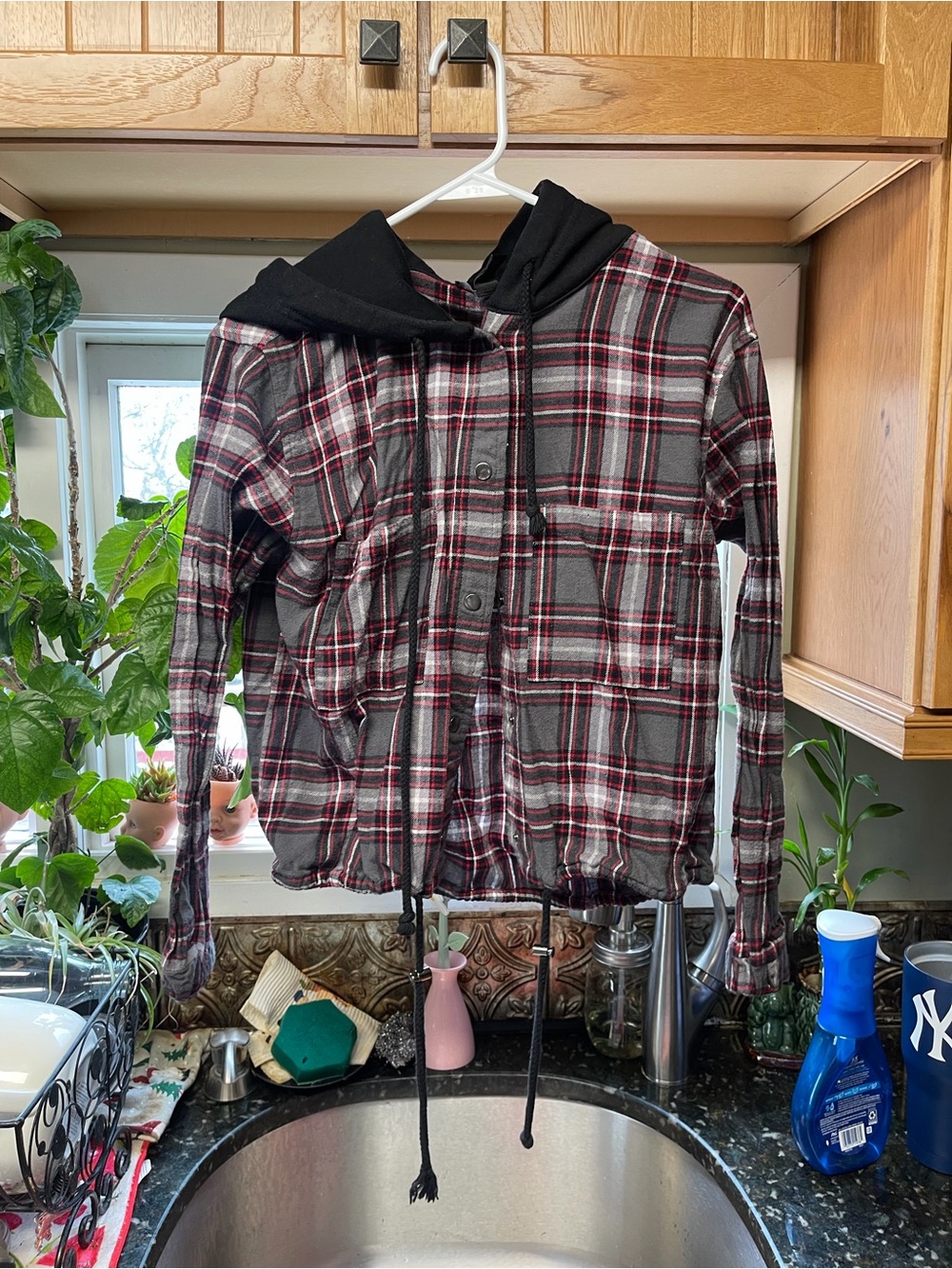 Forever 21 Black, Gray and Burgundy Plaid Hooded Utility jacket